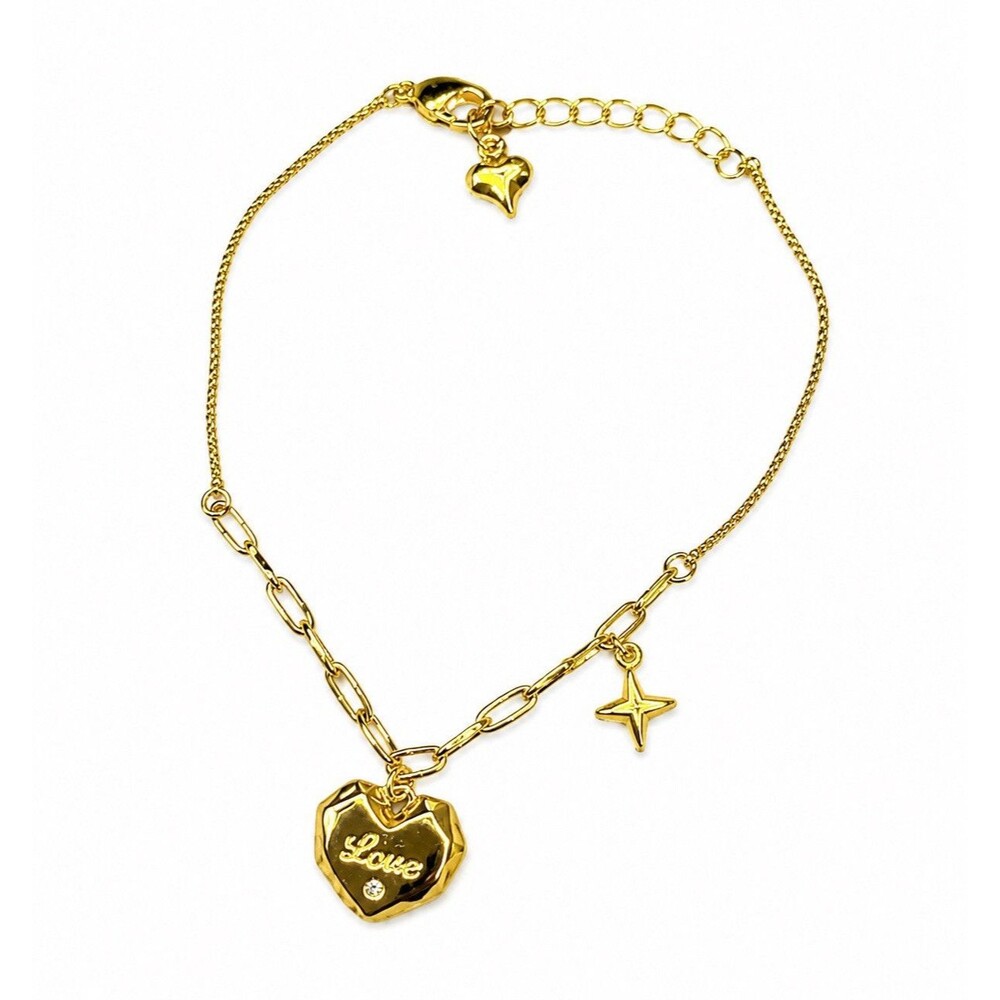 Frumos Gold Tone Charm Bracelet Adjustable Lobster Heart Star Crystal